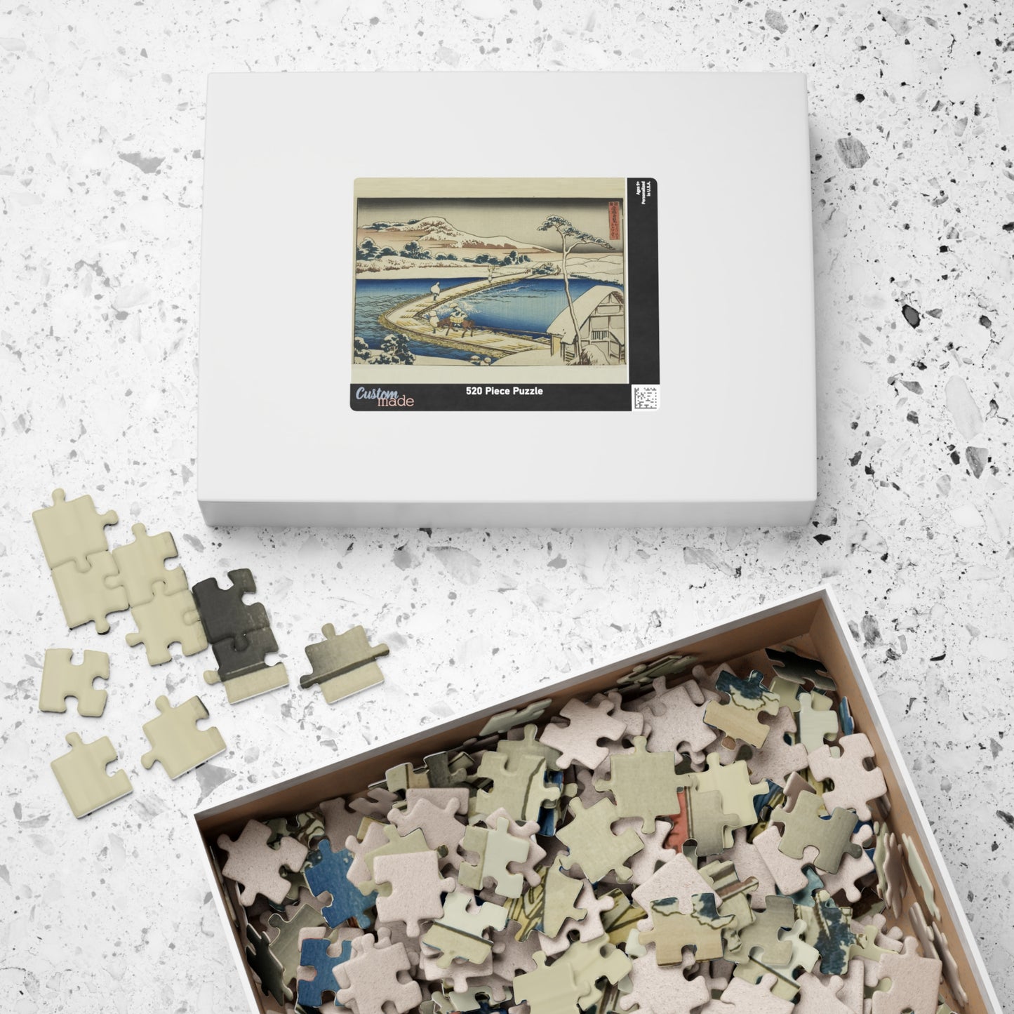 Ukiyo-e Jigsaw Puzzle (252, 520-piece) : Pontoon Bridge at Sano – Katsushika Hokusai | Historic River Crossing