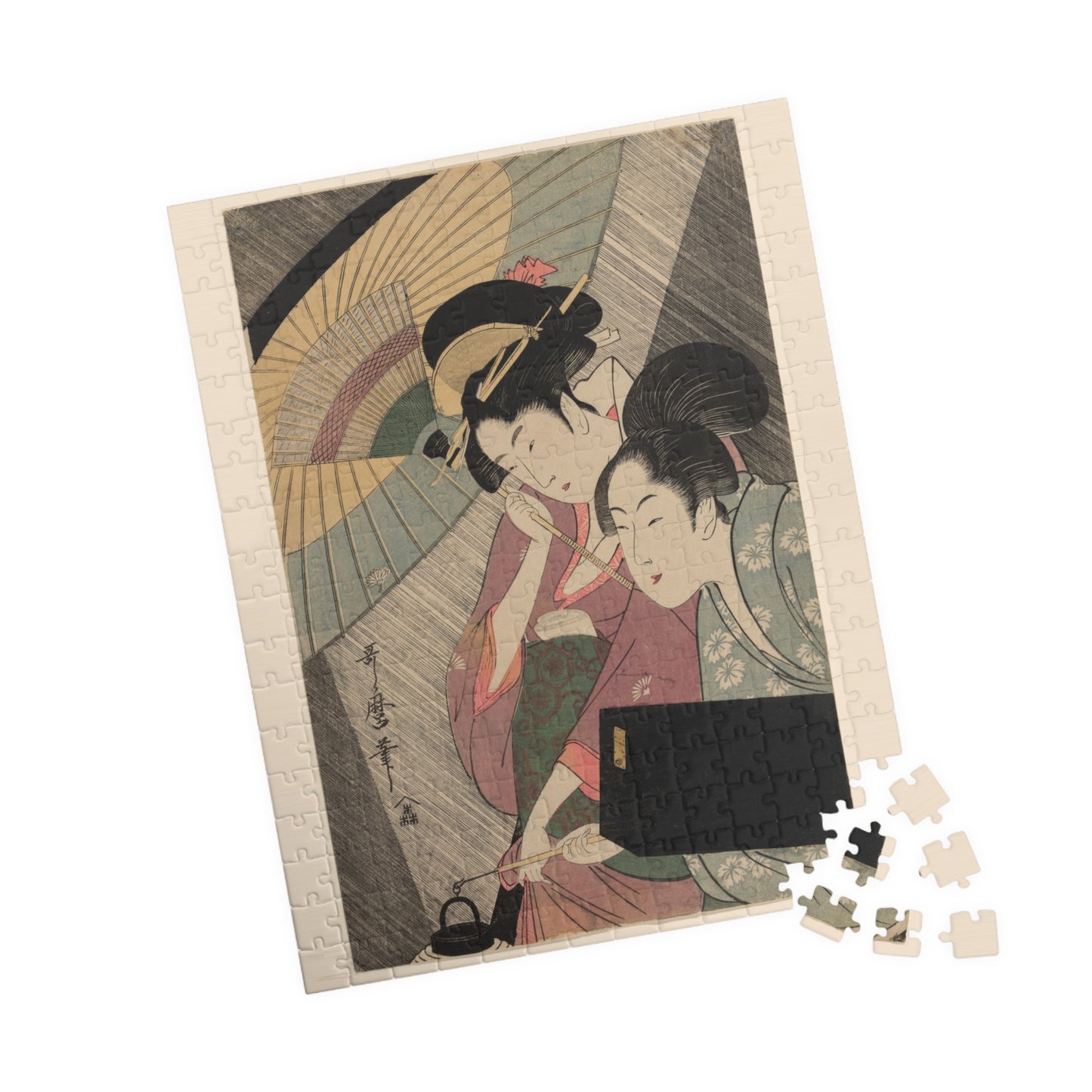 Ukiyo-e Jigsaw Puzzle (252 / 520-piece): “Geisha and Attendant on a Rainy Night” by Kitagawa Utamaro | Edo Bijin-ga / Umbrella & Kimono Beauty Art
