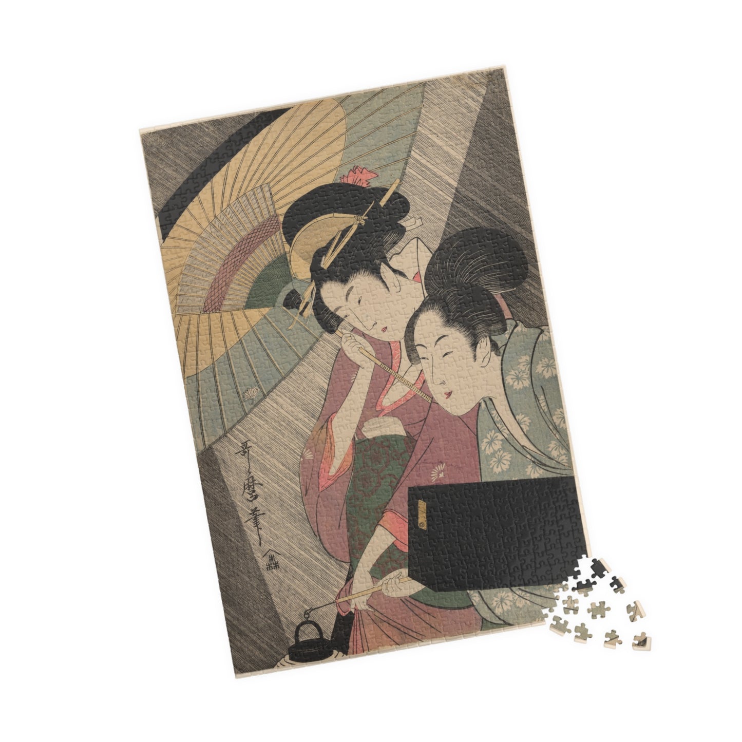 Ukiyo-e Jigsaw Puzzle (1014-piece): “Geisha and Attendant on a Rainy Night” by Kitagawa Utamaro | Edo Bijin-ga / Umbrella & Kimono Beauty Art