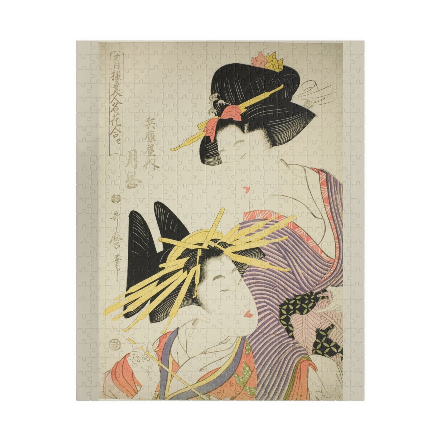 Ukiyo-e Jigsaw Puzzle (252 / 520-piece): “Tsukioka of the Hyogoya” by Kitagawa Utamaro | Oiran & Kamuro / Edo Bijin-ga Beauty Art