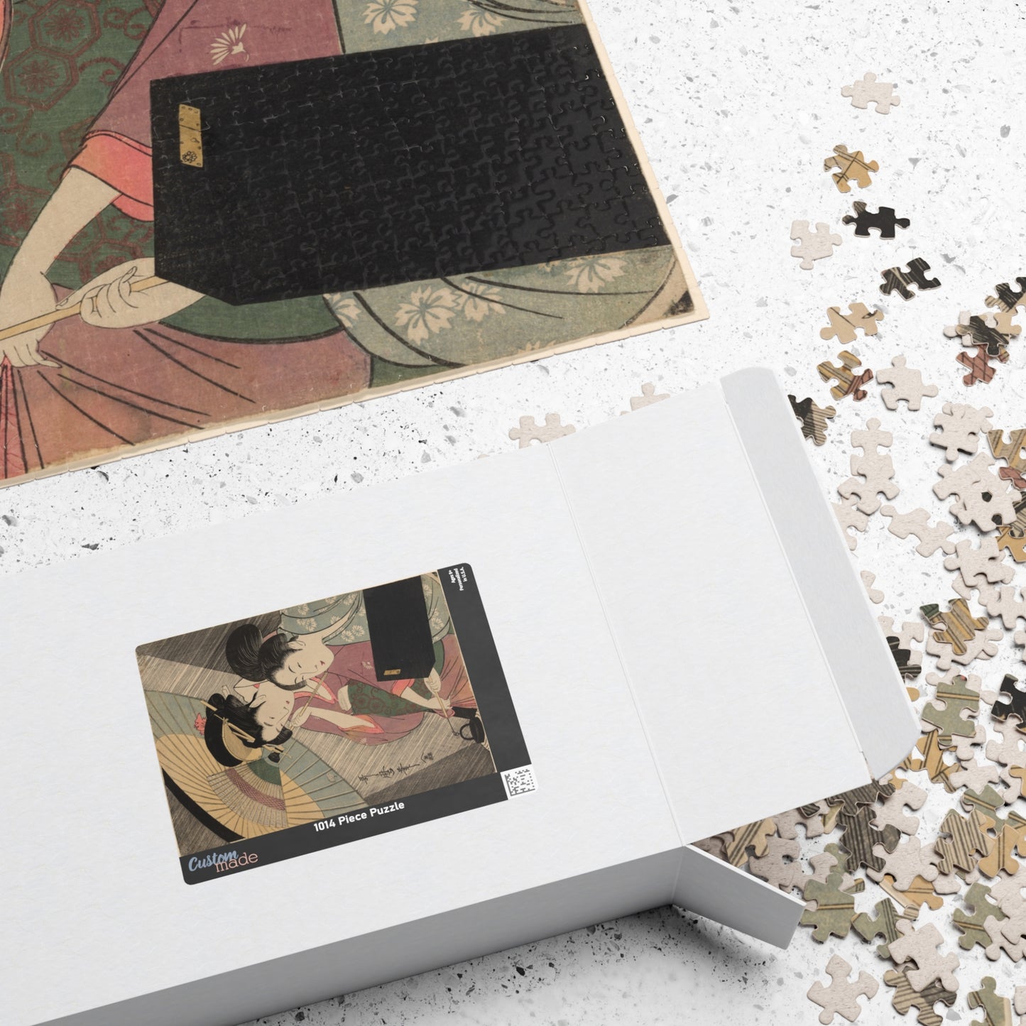 Ukiyo-e Jigsaw Puzzle (1014-piece): “Geisha and Attendant on a Rainy Night” by Kitagawa Utamaro | Edo Bijin-ga / Umbrella & Kimono Beauty Art