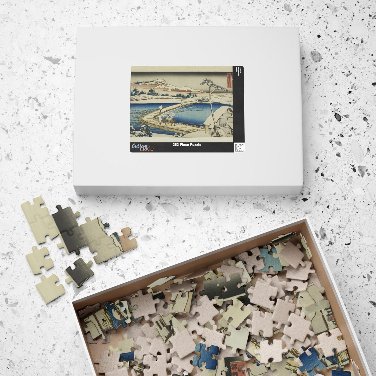 Ukiyo-e Jigsaw Puzzle (252, 520-piece) : Pontoon Bridge at Sano – Katsushika Hokusai | Historic River Crossing