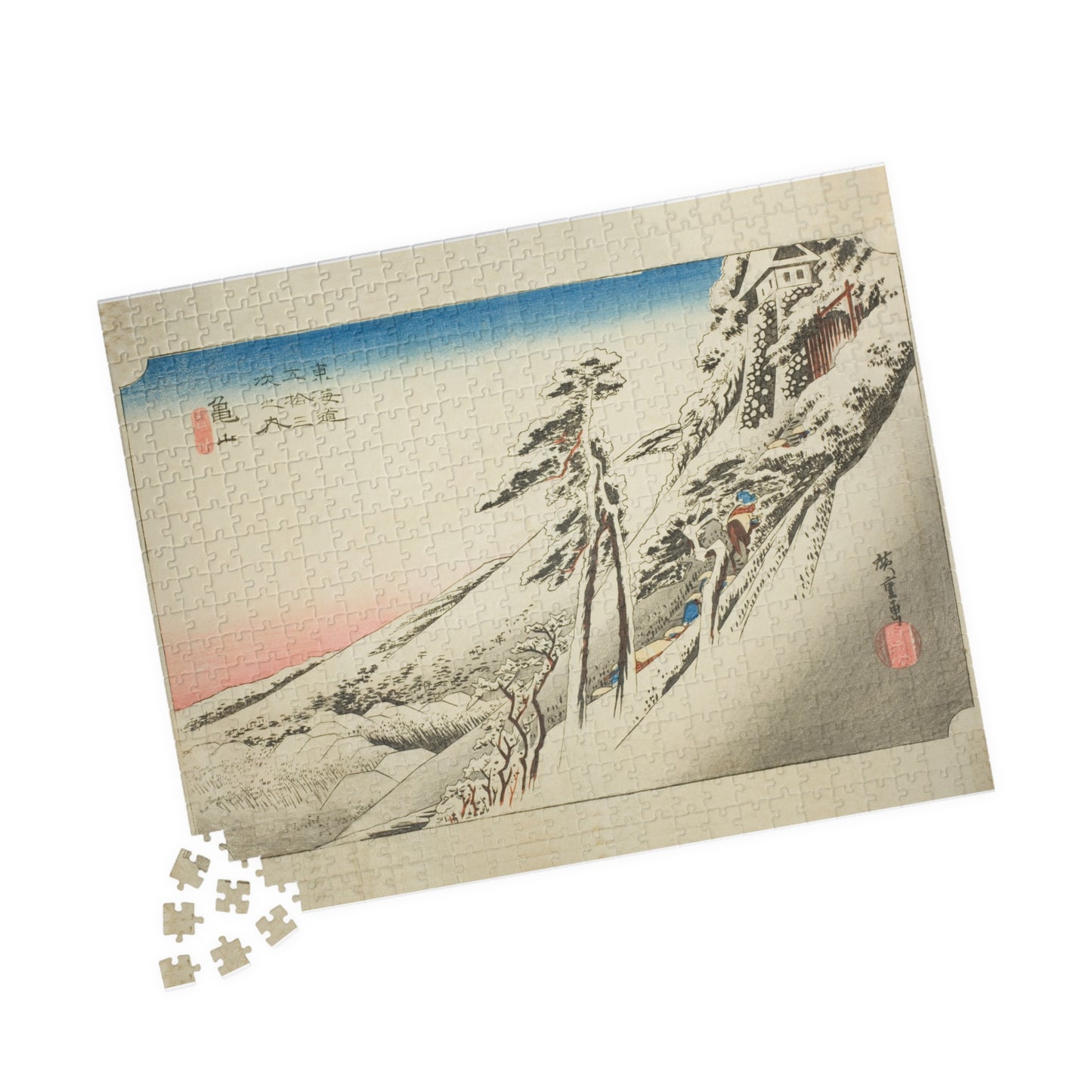 Ukiyo-e Jigsaw Puzzle (252, 520-piece): Kameyama – Weather Clearing After Snow – Utagawa Hiroshige (1830s) | Tokaido Fifty-Three Stations / Japanese Winter Landscape Art