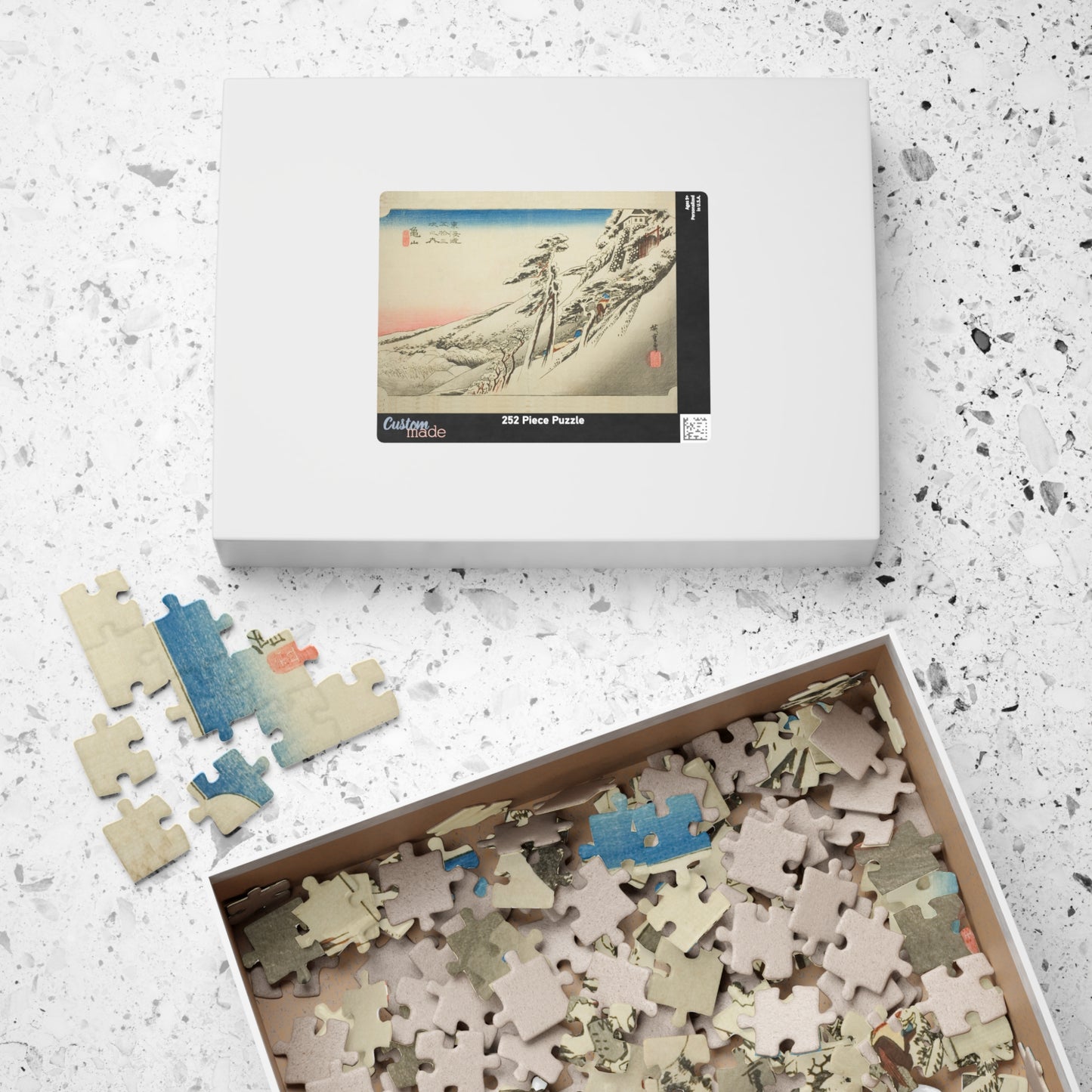 Ukiyo-e Jigsaw Puzzle (252, 520-piece): Kameyama – Weather Clearing After Snow – Utagawa Hiroshige (1830s) | Tokaido Fifty-Three Stations / Japanese Winter Landscape Art