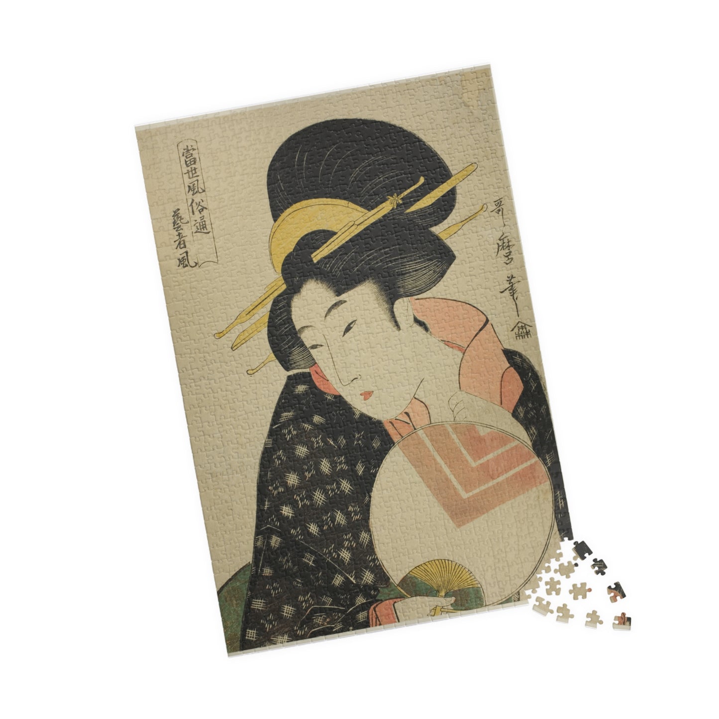 Ukiyo-e Jigsaw Puzzle (1014-piece): “Geisha Style (Geisha Fū)” by Kitagawa Utamaro | Edo Bijin-ga / Elegant Fan Portrait