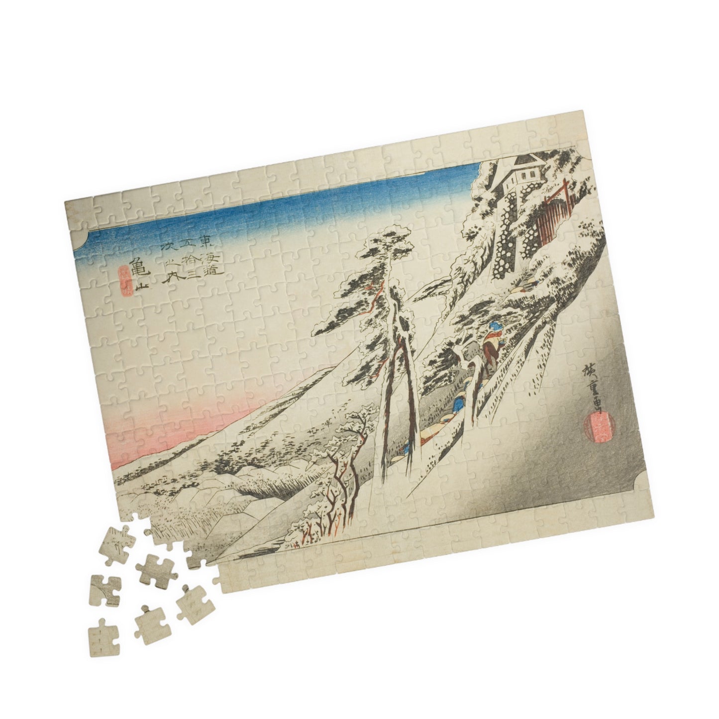 Ukiyo-e Jigsaw Puzzle (252, 520-piece): Kameyama – Weather Clearing After Snow – Utagawa Hiroshige (1830s) | Tokaido Fifty-Three Stations / Japanese Winter Landscape Art