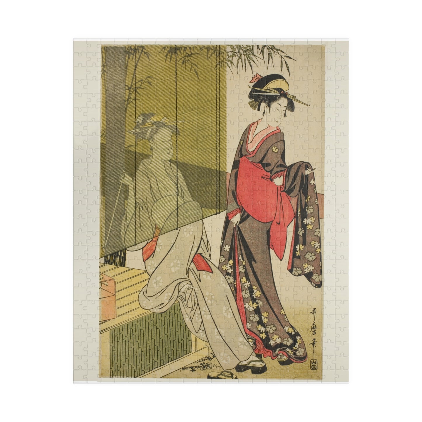 Ukiyo-e Jigsaw Puzzle (252 / 520-piece): “Drying and Stretching Cloth” by Kitagawa Utamaro | Edo Bijin-ga / Courtesan Beauty & Daily Life Scene