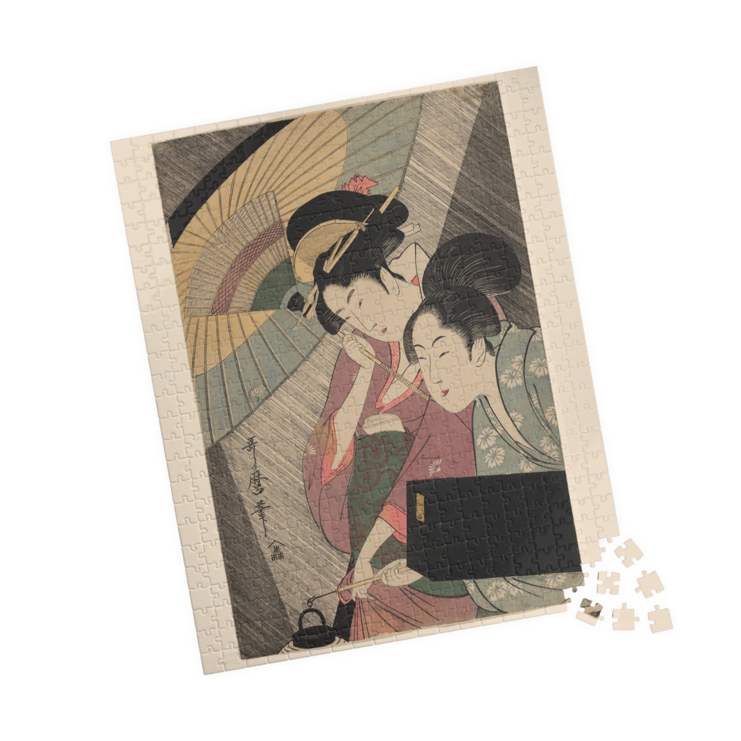 Ukiyo-e Jigsaw Puzzle (252 / 520-piece): “Geisha and Attendant on a Rainy Night” by Kitagawa Utamaro | Edo Bijin-ga / Umbrella & Kimono Beauty Art