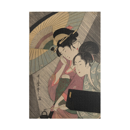 Ukiyo-e Jigsaw Puzzle (1014-piece): “Geisha and Attendant on a Rainy Night” by Kitagawa Utamaro | Edo Bijin-ga / Umbrella & Kimono Beauty Art