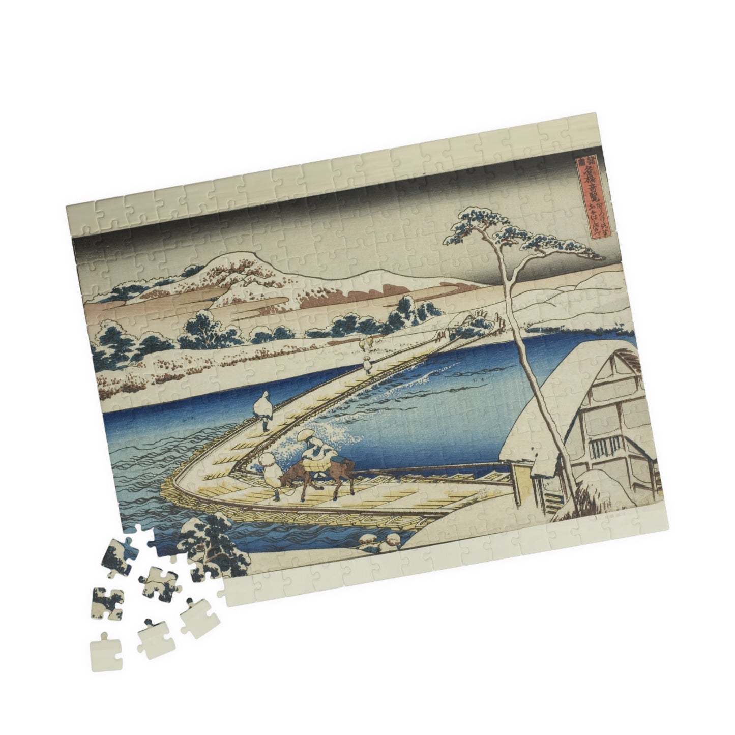 Ukiyo-e Jigsaw Puzzle (252, 520-piece) : Pontoon Bridge at Sano – Katsushika Hokusai | Historic River Crossing