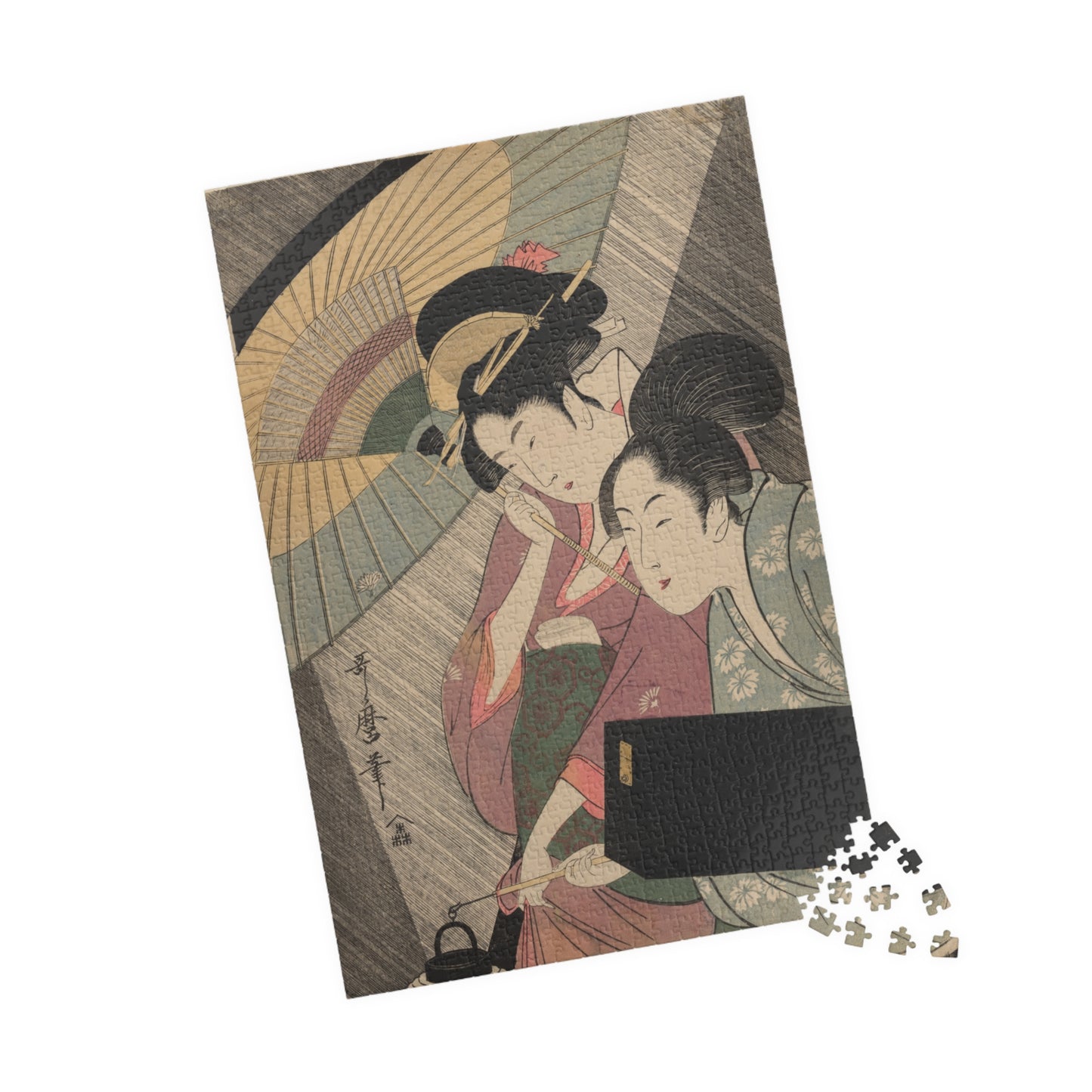 Ukiyo-e Jigsaw Puzzle (1014-piece): “Geisha and Attendant on a Rainy Night” by Kitagawa Utamaro | Edo Bijin-ga / Umbrella & Kimono Beauty Art