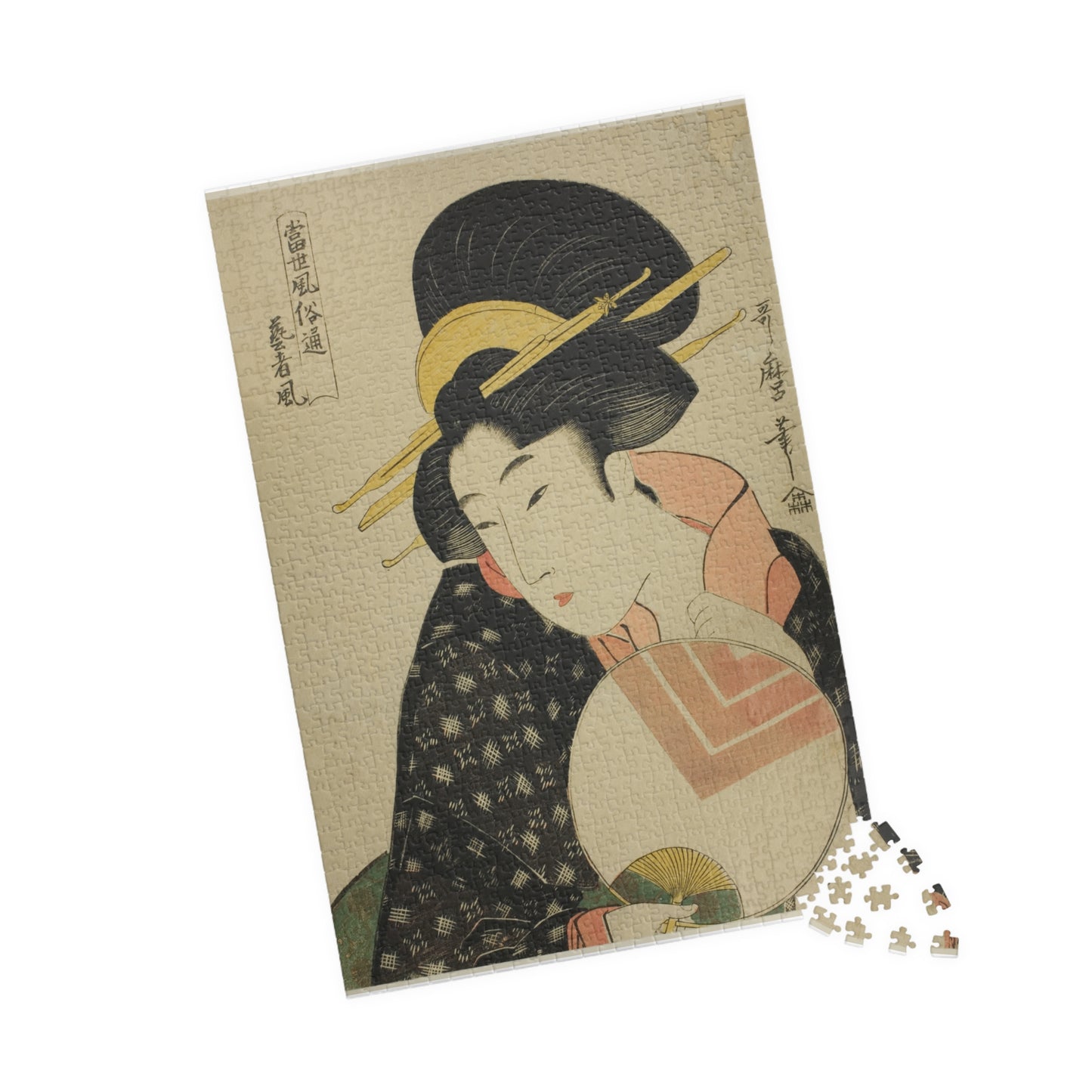 Jigsaw Puzzle (1014-piece): “Geisha Style (Geisha Fū)” by Kitagawa Utamaro | Edo Bijin-ga / Elegant Fan Portrait