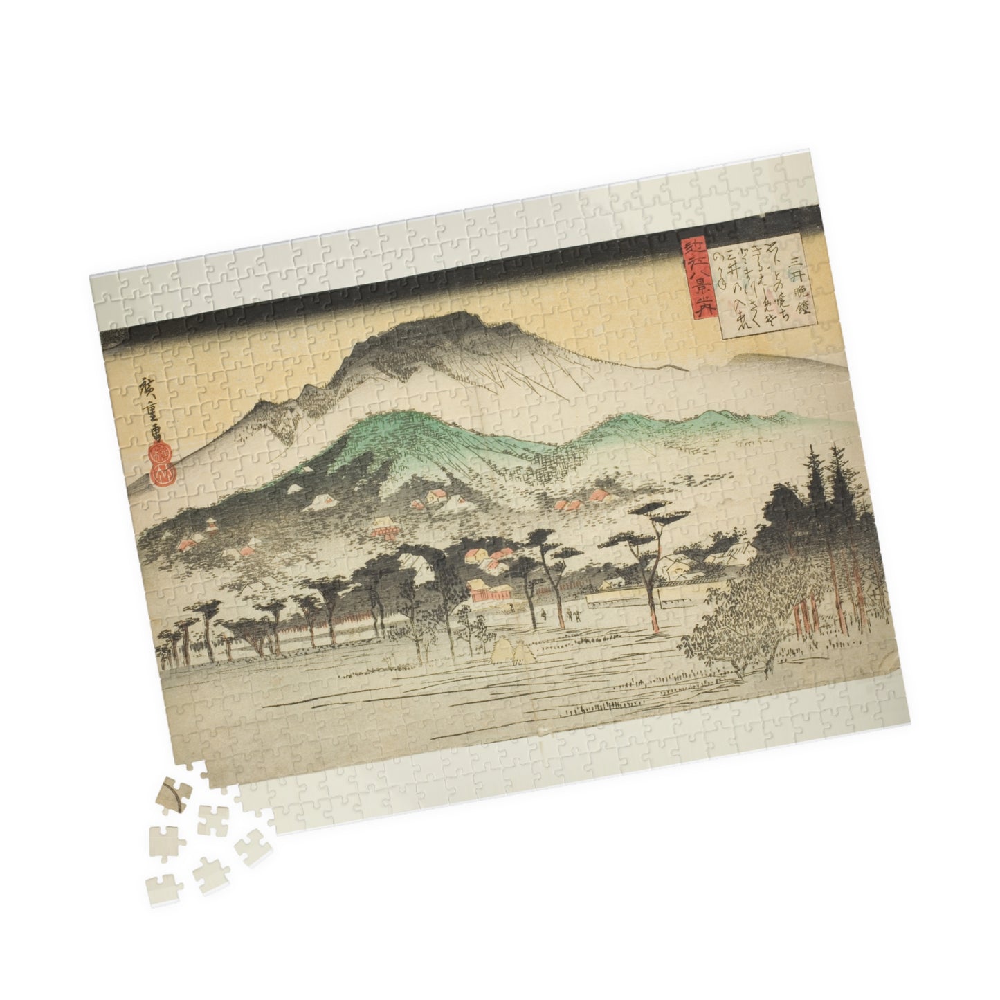 Ukiyo-e Jigsaw Puzzle (252 / 520 pcs) – Evening Bell at Mii Temple, Omi Eight Views – Landscape by Utagawa Hiroshige (1830s)