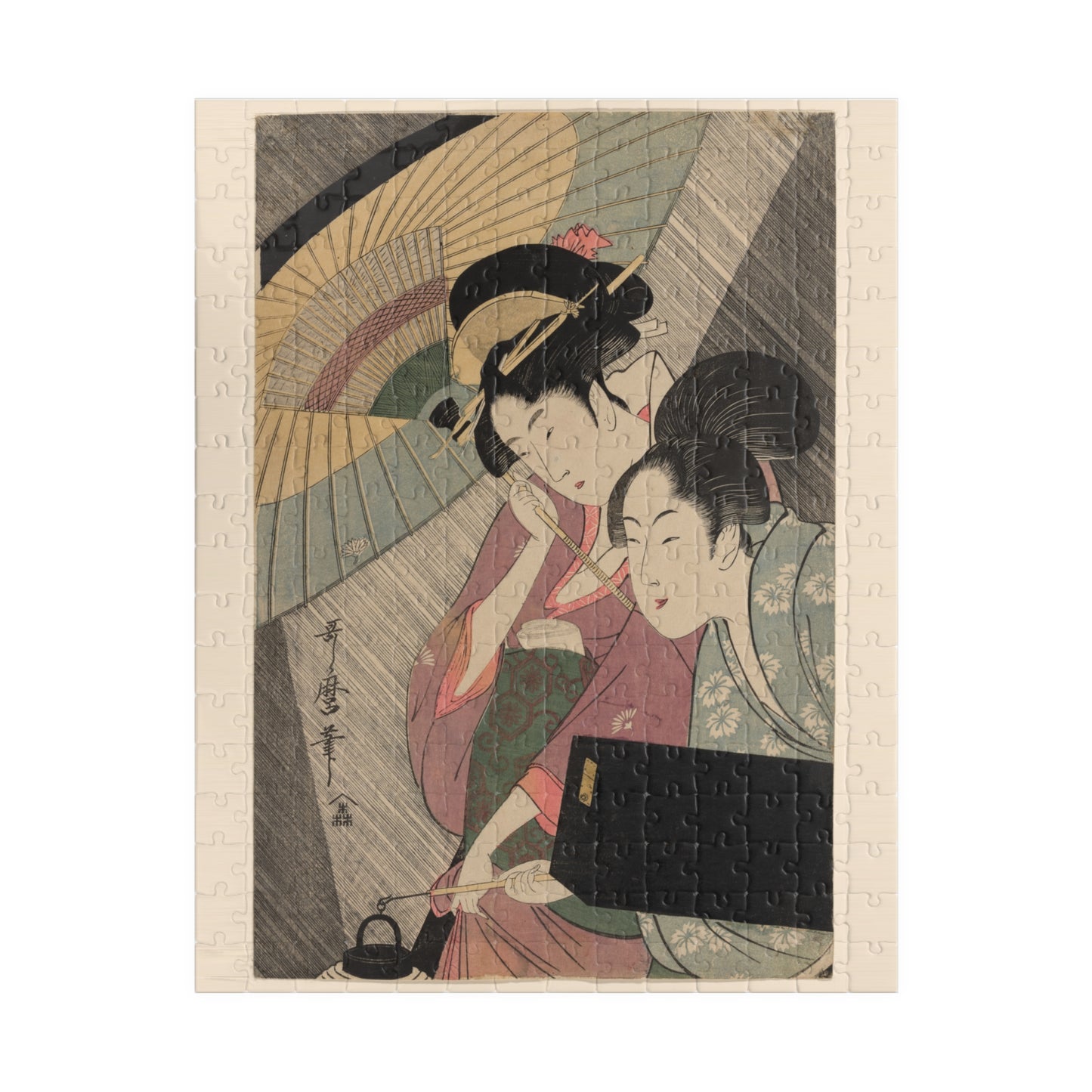 Ukiyo-e Jigsaw Puzzle (252 / 520-piece): “Geisha and Attendant on a Rainy Night” by Kitagawa Utamaro | Edo Bijin-ga / Umbrella & Kimono Beauty Art