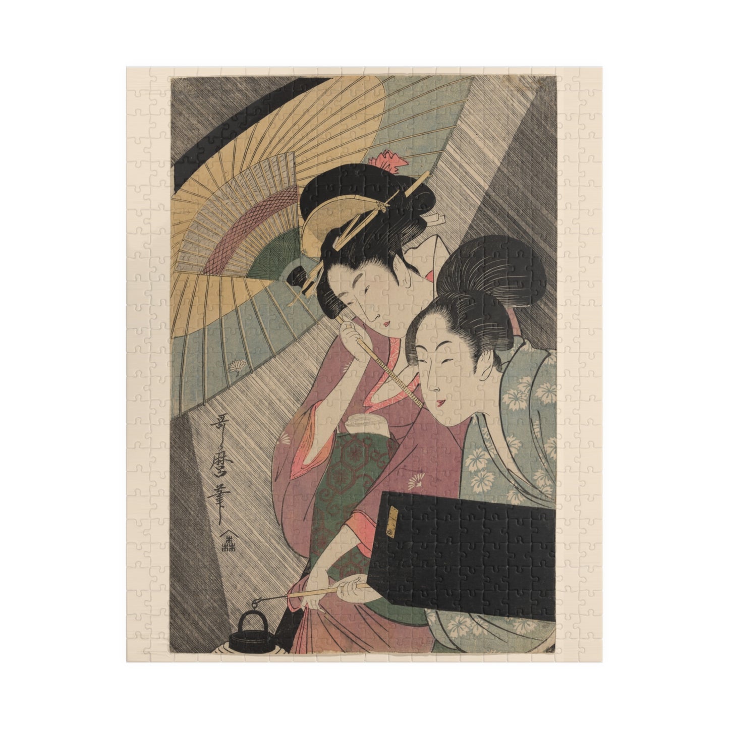 Ukiyo-e Jigsaw Puzzle (252 / 520-piece): “Geisha and Attendant on a Rainy Night” by Kitagawa Utamaro | Edo Bijin-ga / Umbrella & Kimono Beauty Art